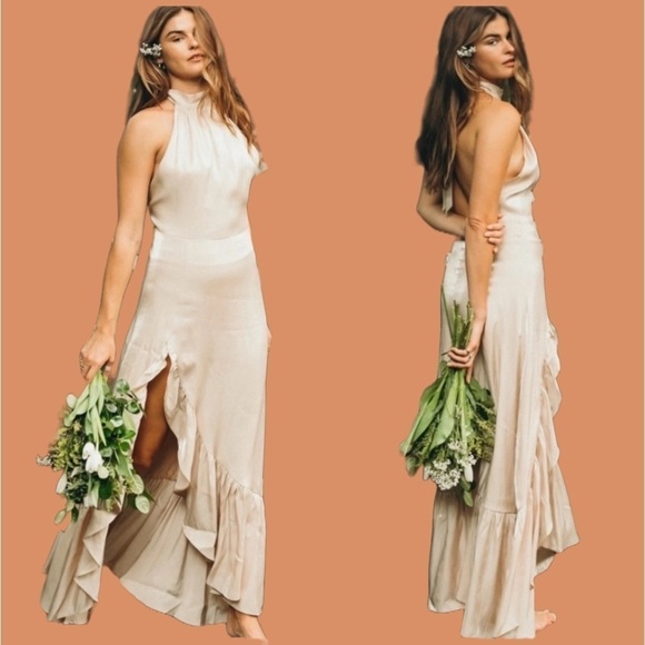 NWT XIX Palms Hawaiian Apricot Flowy Halter Ruffled Dress, Leg Slit & Low Back S - Picture 1 of 16